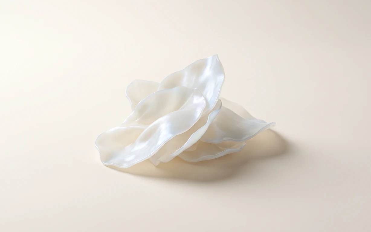 Abstract arrangement of overlapping translucent ivory folds on a warm cream seamless surface, lit softly with pearlescent highlights and a gentle grounding shadow.
