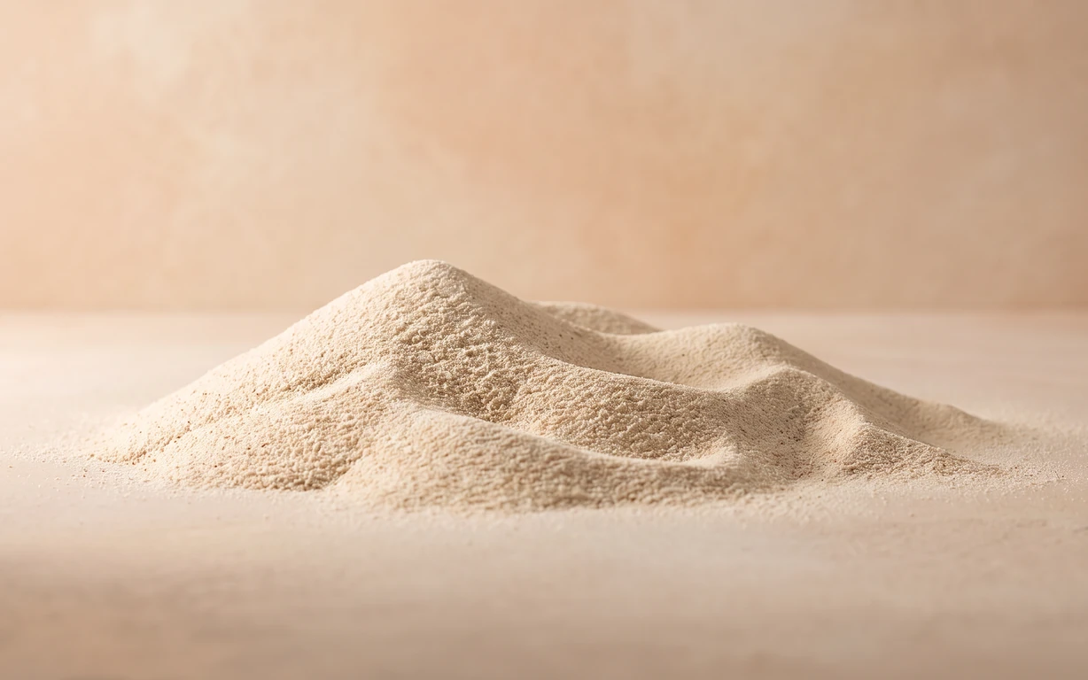 Sculpted mounds of fine pale beige powder on a warm peach-beige seamless surface under soft directional studio light.