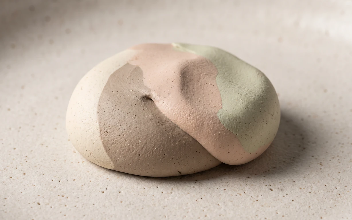 Sculptural mound of softly folded mineral clay in ivory, taupe, blush, and pale sage tones on a warm, speckled surface.
