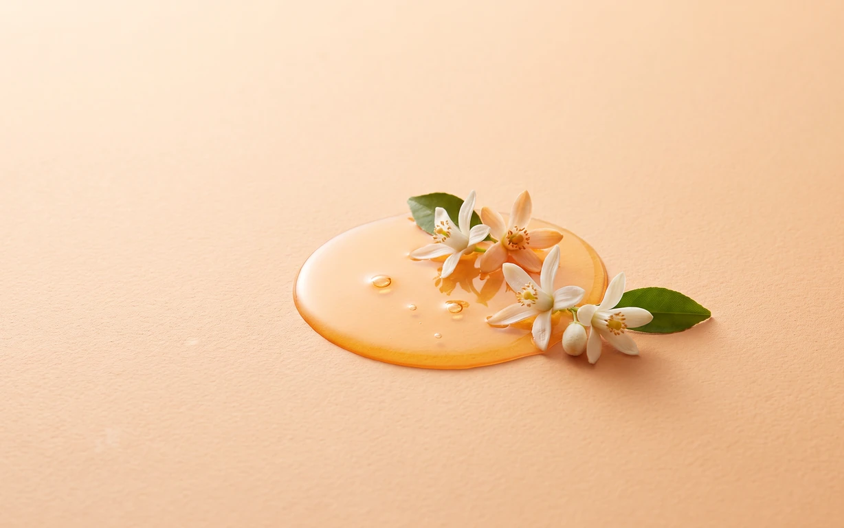 A glossy amber-gold pool of oil arranged with small white citrus blossoms, buds, and green leaves on a softly textured peach backdrop.