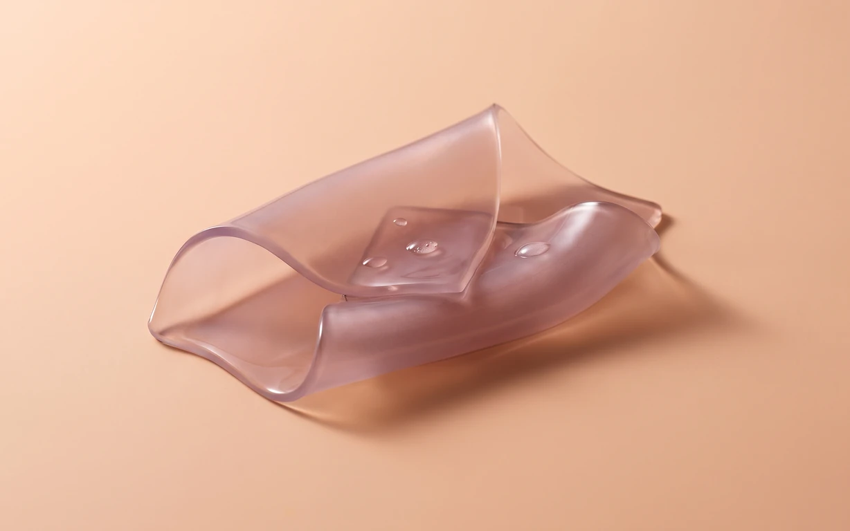 A folded translucent mauve film with clear droplets, softly lit on a warm peach seamless surface.