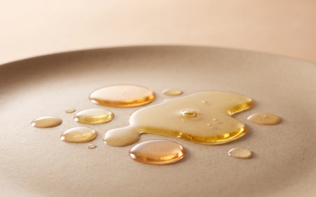 Golden oil droplets pooled on a softly textured oat-colored surface under warm, diffused studio light.