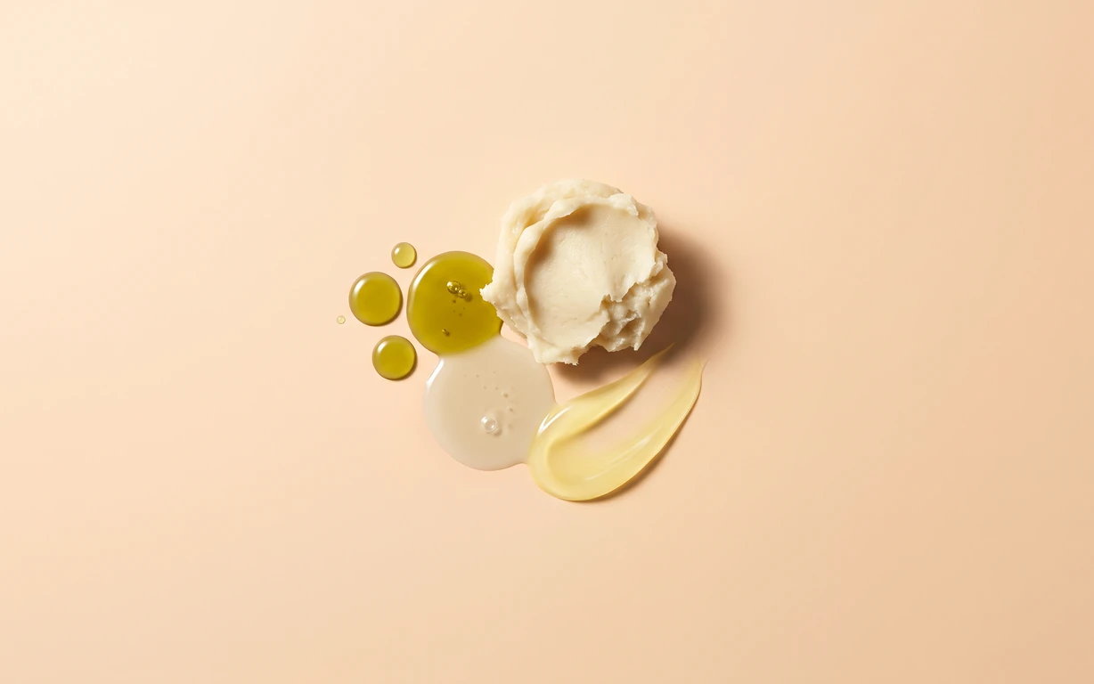 A pale butter-like dollop with glossy golden and cream-colored oil droplets on a warm peach background.