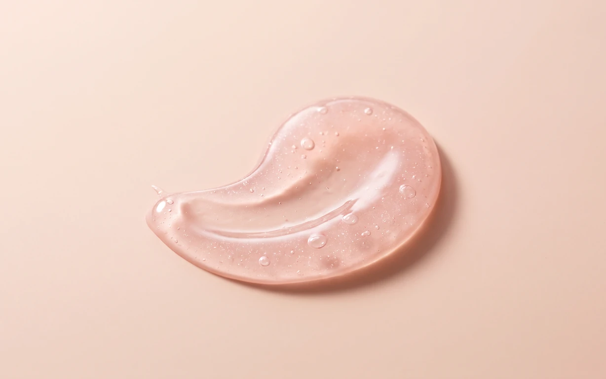 A translucent pale pink crescent-shaped gel form dotted with clear droplets on a seamless peach background, lit softly with a gentle grounding shadow.