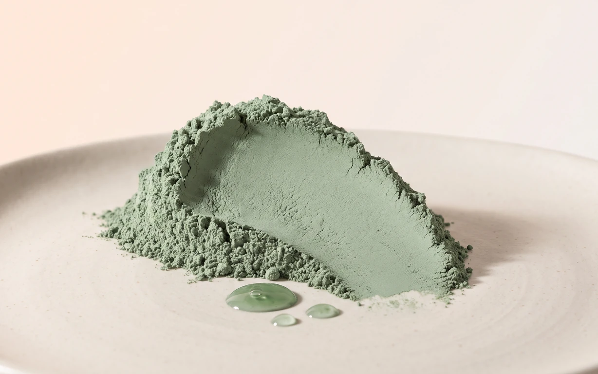 A sculpted mound of muted sage-green powder with fine crumbly texture and three glossy green droplets on a warm ivory surface.