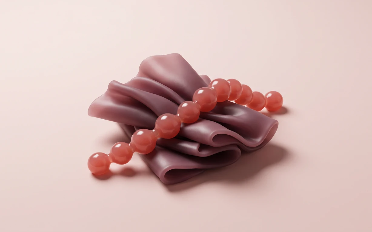 Abstract still life of layered muted-plum folds draped with a curved strand of glossy coral-pink spheres on a softly lit blush surface.