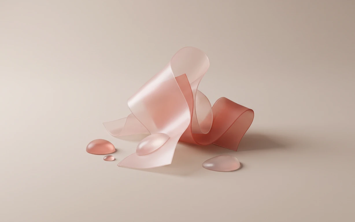 Abstract still life of translucent blush and muted coral ribbon-like forms with pearly droplets on a warm beige seamless surface, lit softly with gentle shadows.