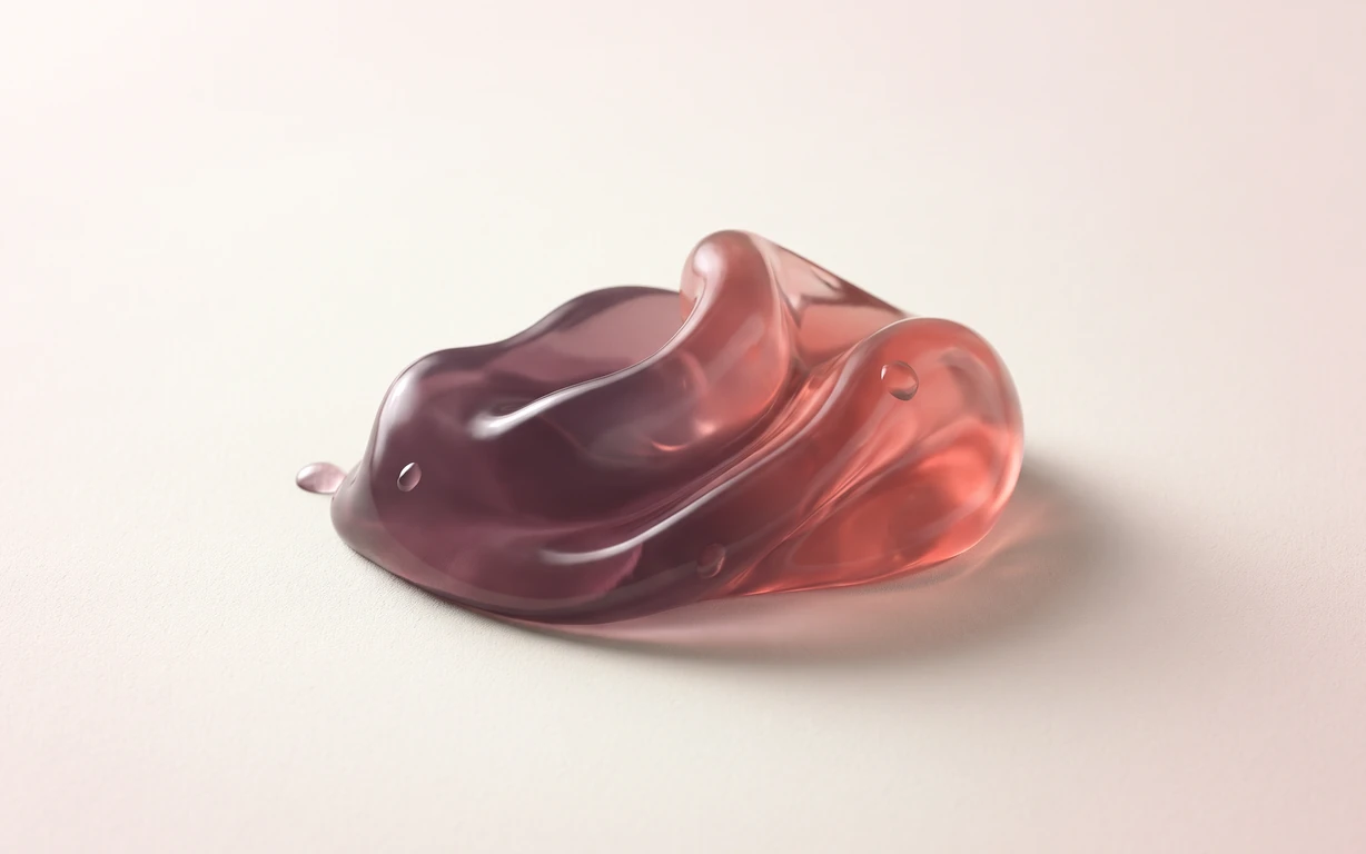 A translucent, folded plum-and-coral gel form rests on a softly lit ivory surface, casting a gentle shadow.