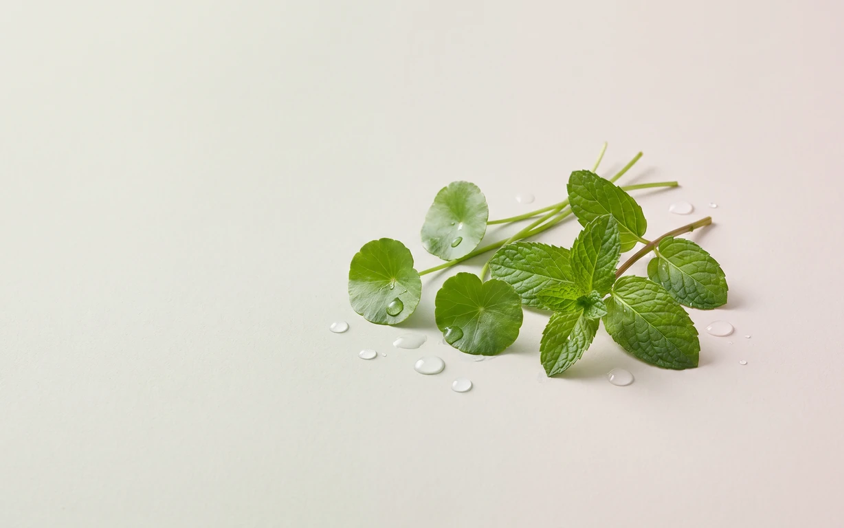 Fresh round centella leaves and serrated mint sprigs arranged with water droplets on a softly lit pale ivory surface.