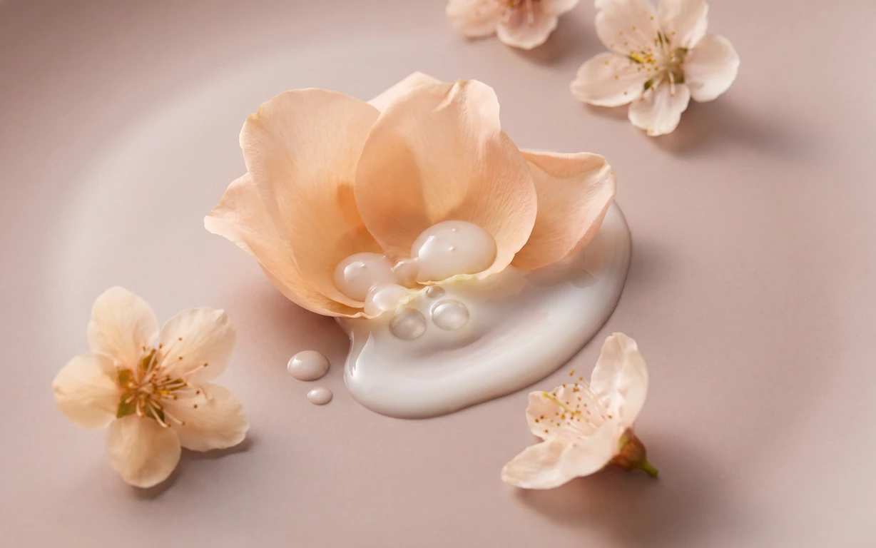 Pale peach blossoms arranged around a large peach-toned flower resting in a glossy ivory liquid on a softly lit blush surface.