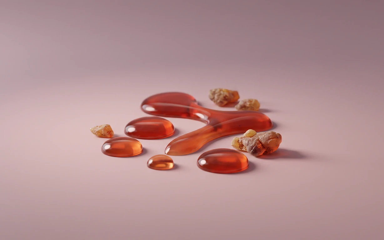 Translucent amber-red droplets and a branching fluid form arranged with small tan-brown fragments on a softly lit blush surface.