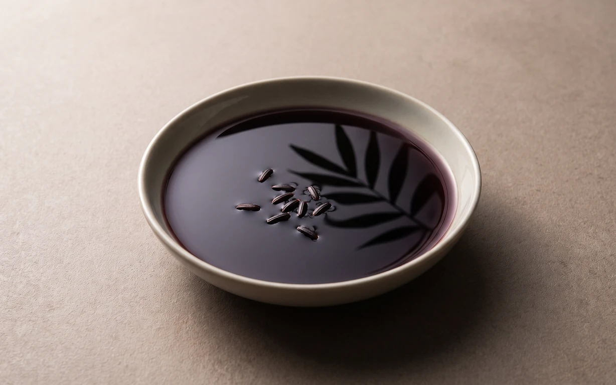 A shallow ivory ceramic dish filled with deep plum-black oil and topped with a small scattering of black rice grains, photographed on a warm neutral surface with soft directional影.
