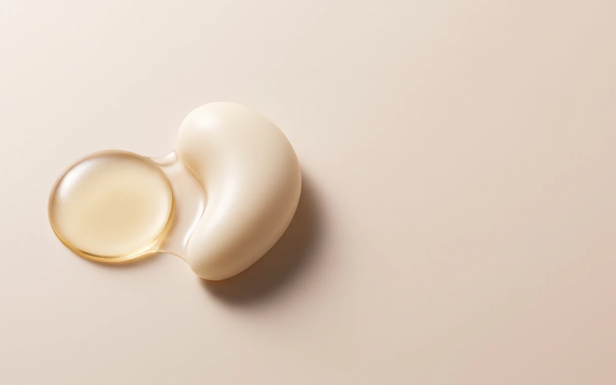Abstract still life of a translucent golden droplet joined to a smooth ivory sculptural form on a warm beige surface.