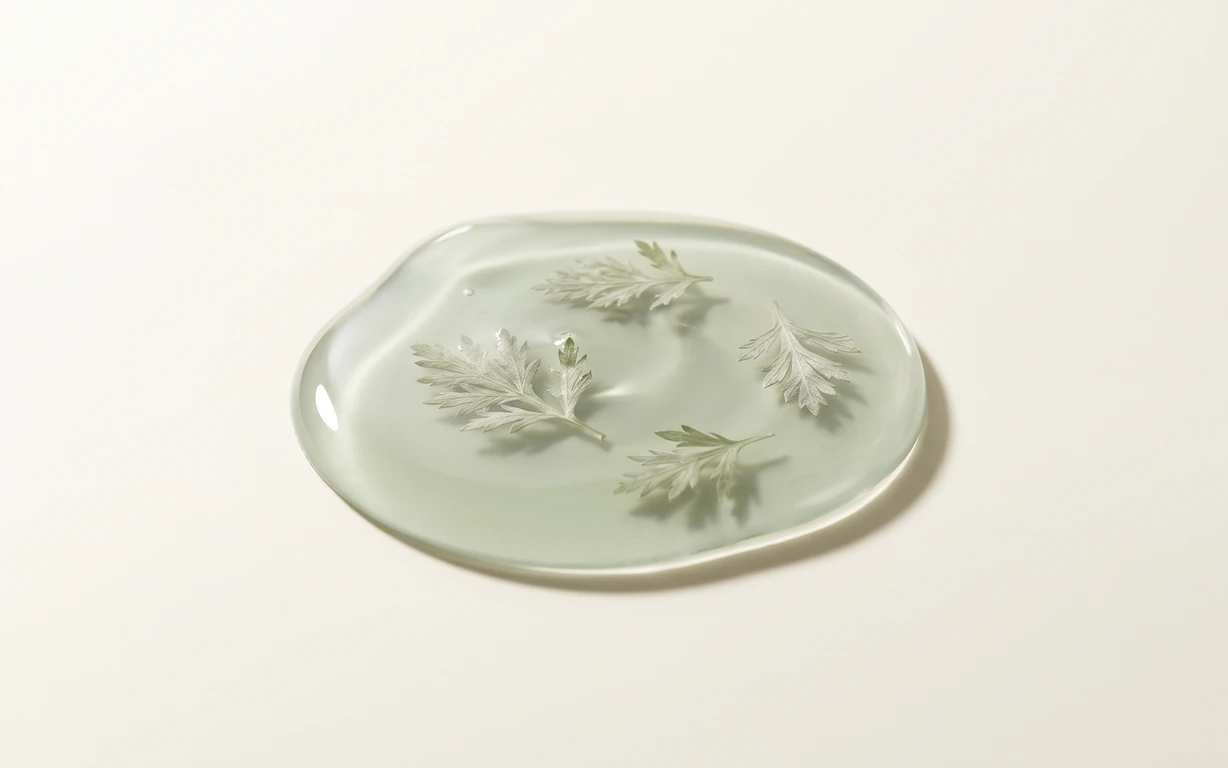 A pale sage translucent pool with four delicate, feathery herb sprigs on a warm ivory surface, lit with soft directional shadows.