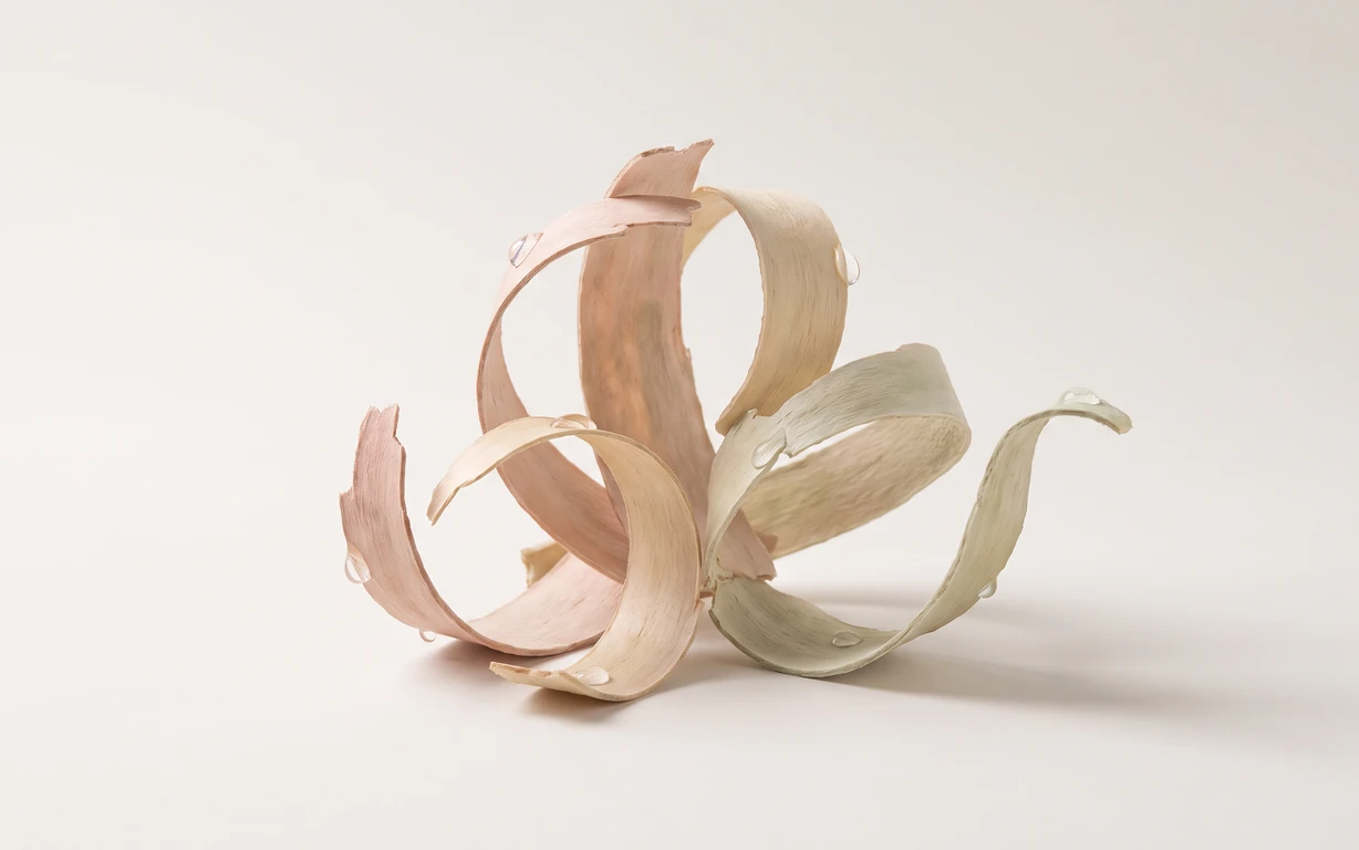 Curled pale pink, ivory and sage bark-like ribbons with clear droplets, arranged on a softly lit seamless cream surface.