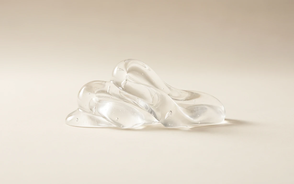 A clear, glossy, folded gel-like form rests on a warm ivory seamless surface under soft studio light.