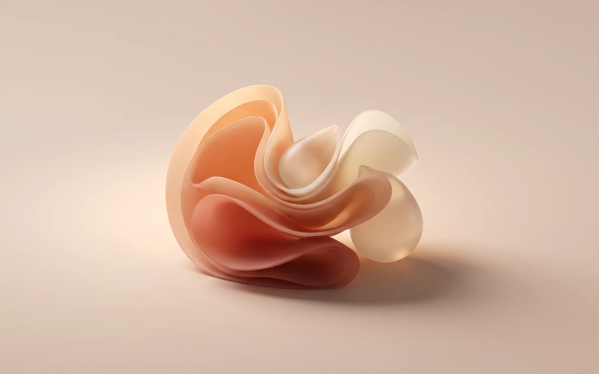 Abstract still life of layered translucent peach, coral, and ivory folds with rounded forms, softly lit on a warm neutral surface.