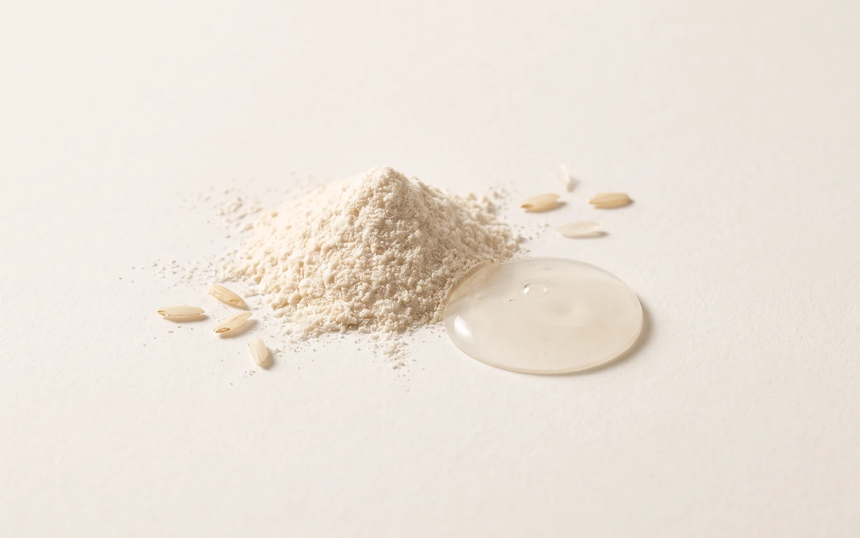 A mound of pale powder with scattered rice grains and a translucent glossy pool on a warm ivory studio surface.