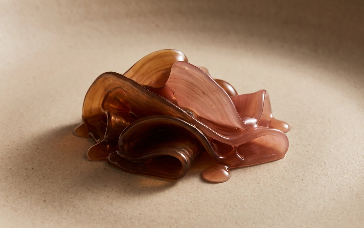 Abstract translucent amber and muted rose sculptural folds resting on a warm ivory surface under soft directional light.