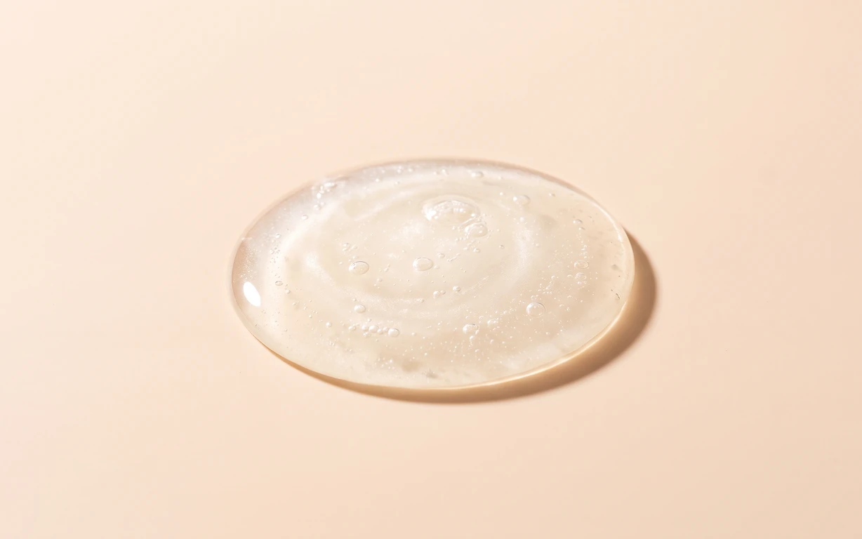 A clear, bubble-filled pool of liquid rests on a warm peach seamless surface, lit softly with a gentle grounding shadow.