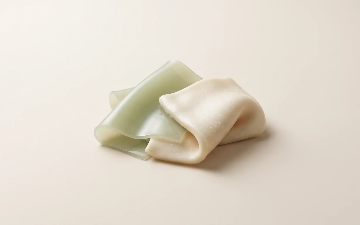 Soft ivory and translucent pale-sage sculptural folds with fine droplets, arranged on a warm seamless surface under diffused light.