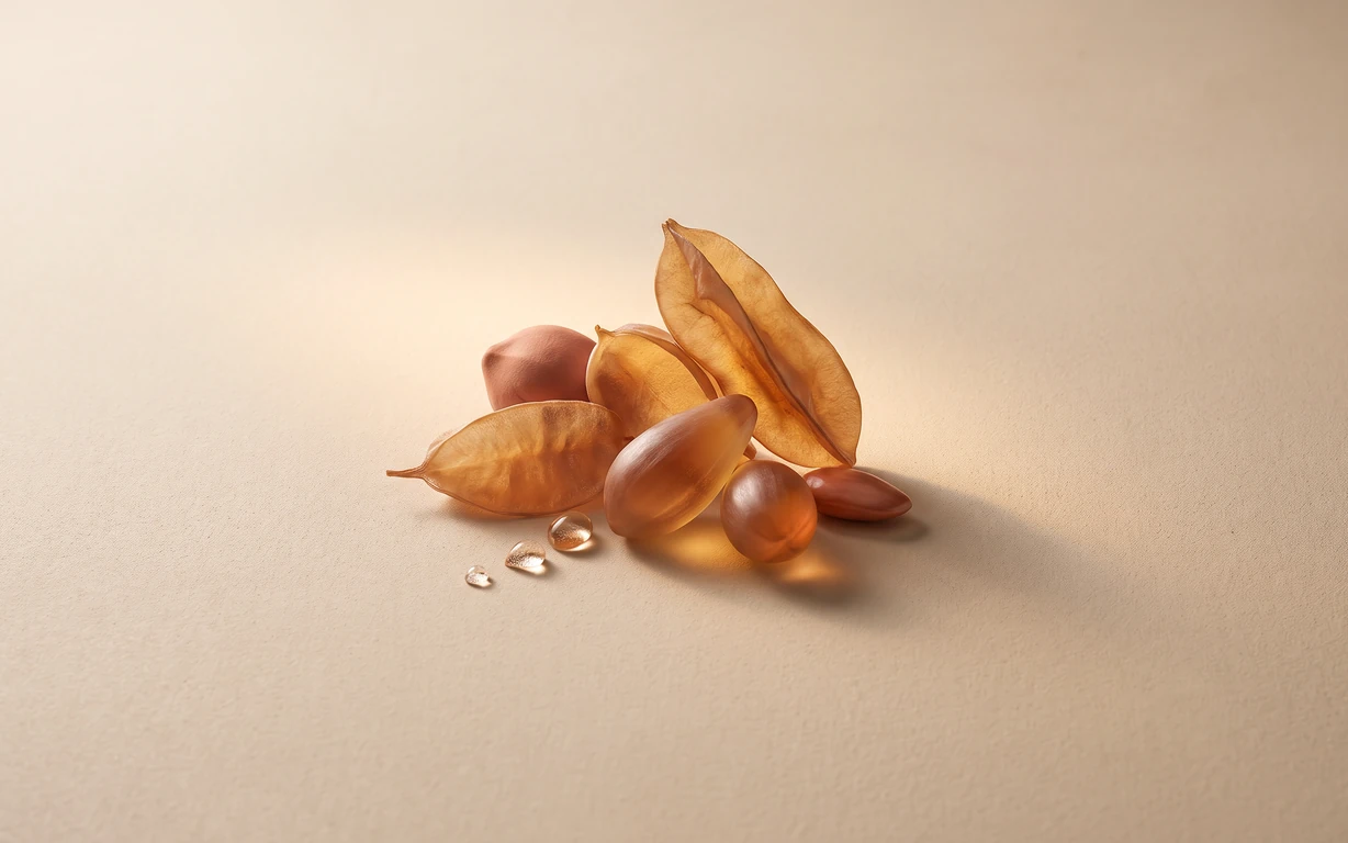 Translucent amber sculptural forms and clear droplets arranged on a warm ivory surface with soft directional shadows.