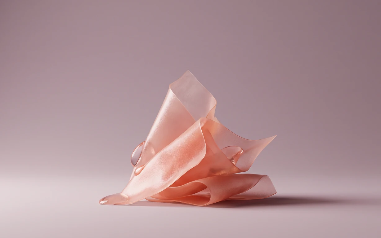 Abstract peach-toned translucent folds with clear droplets, arranged as a sculptural still life on a softly lit blush-lilac surface.