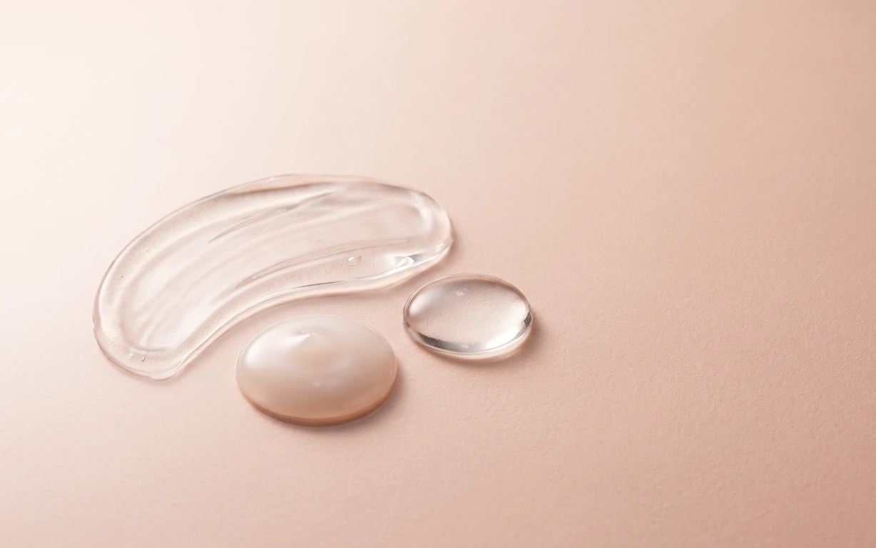 Three translucent, gel-like abstract forms rest on a softly textured peach surface under diffused light.