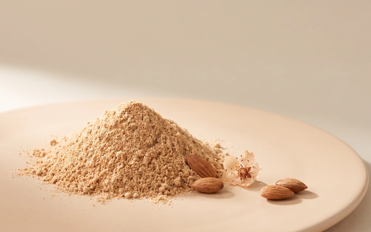 A mound of finely ground tan powder with several brown apricot kernels and a pale blossom, arranged on a peach-toned surface against a soft beige backdrop.