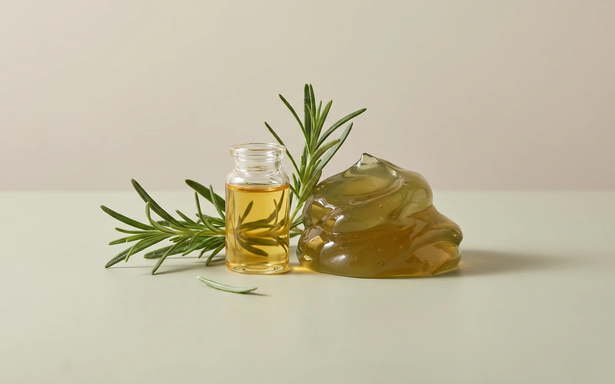 Rosemary sprigs arranged with a small clear vial of golden oil and a translucent amber gel form on a pale sage studio surface.