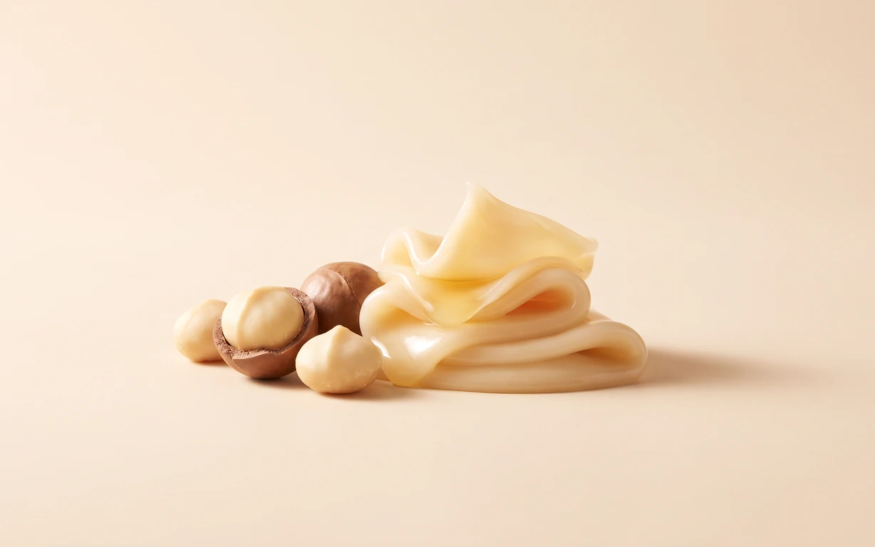 A glossy pale-gold abstract folded material arranged beside whole and opened macadamia nuts on a warm ivory seamless surface, with soft studio lighting and a gentle shadow.