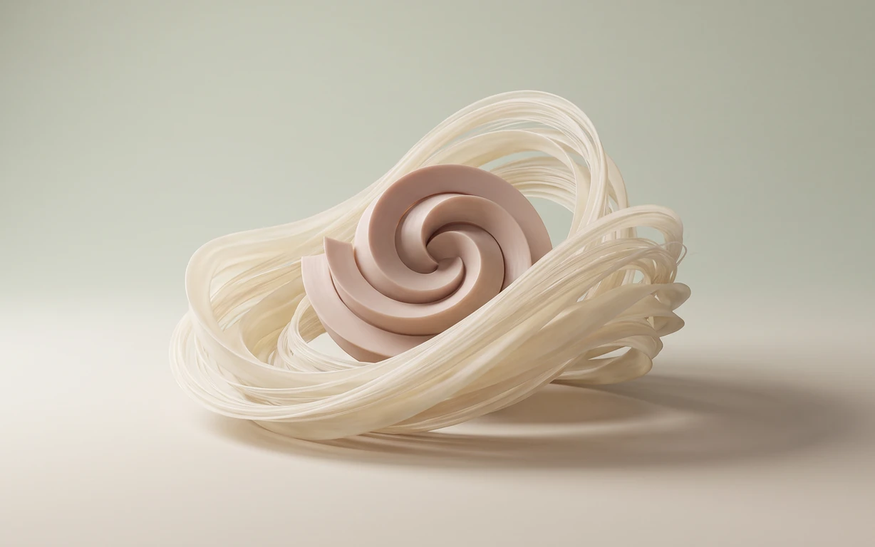An abstract blush-toned spiral nestled within flowing loops of translucent ivory strands on a softly lit neutral surface.