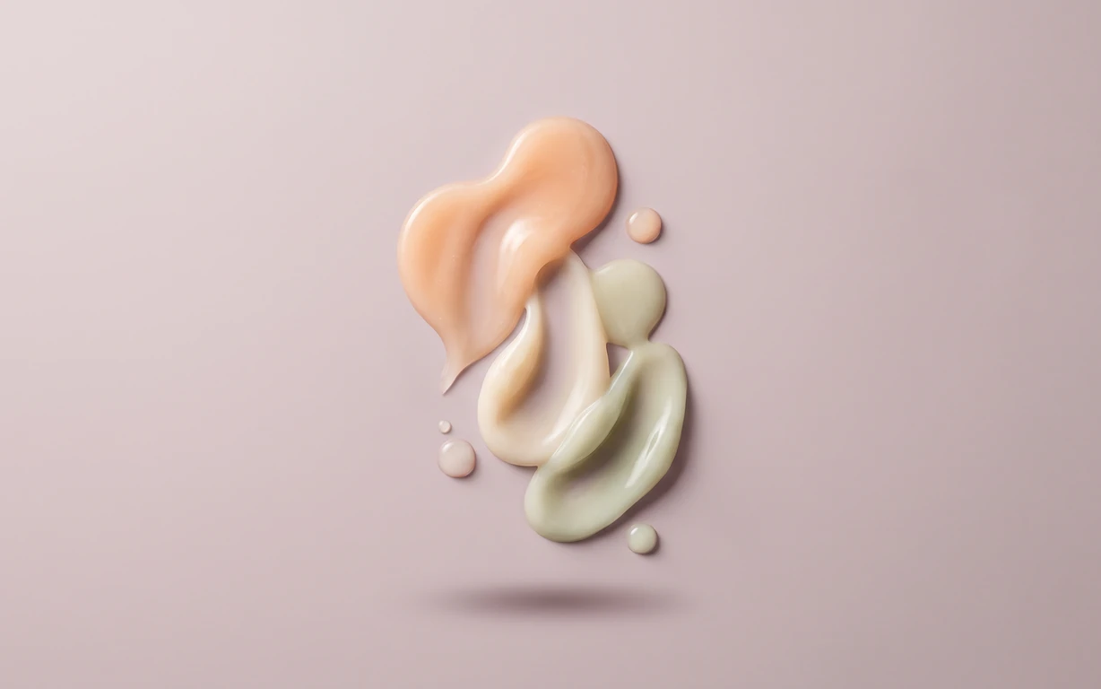 Glossy abstract peach, ivory, and pale sage forms with small droplets suspended above a soft blush background, casting a gentle shadow.