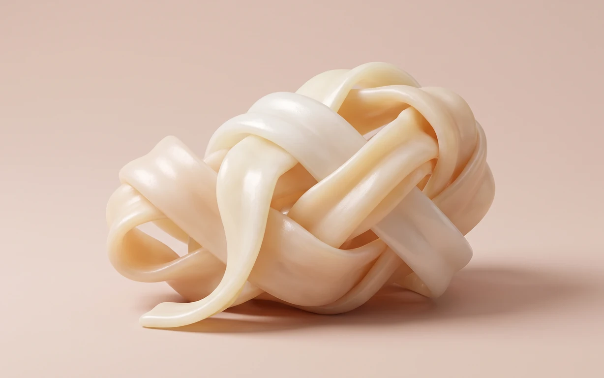 Interwoven ivory and pale peach translucent ribbons arranged as a soft sculptural knot on a blush seamless surface, lit with gentle studio highlights and a grounding shadow.