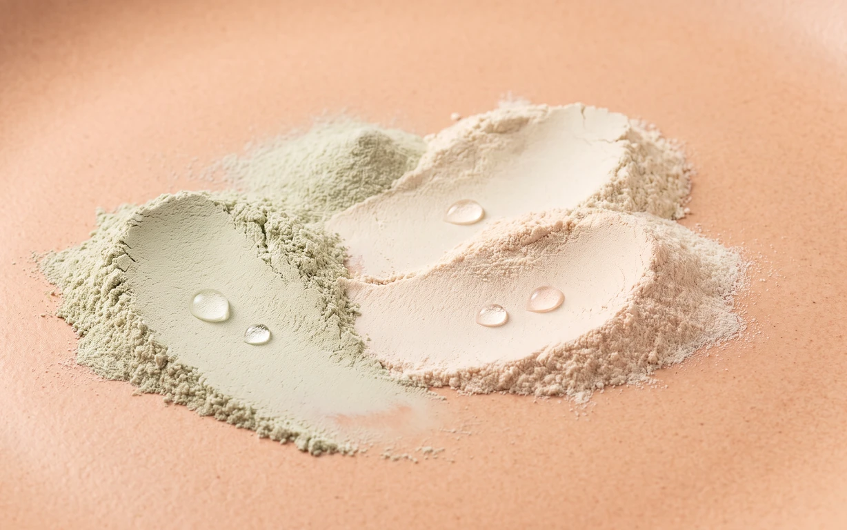Soft sage, ivory, and blush-toned powder mounds with clear droplets on a warm peach studio surface.