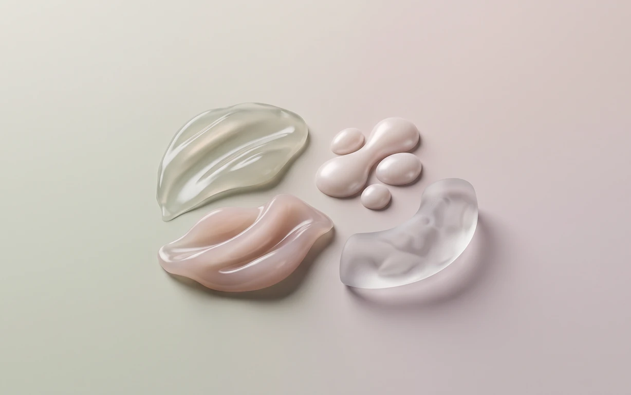 Four abstract glossy forms in translucent sage, blush, pearl pink, and frosted lilac rest on a softly graded ivory-pink surface, casting gentle studio shadows.