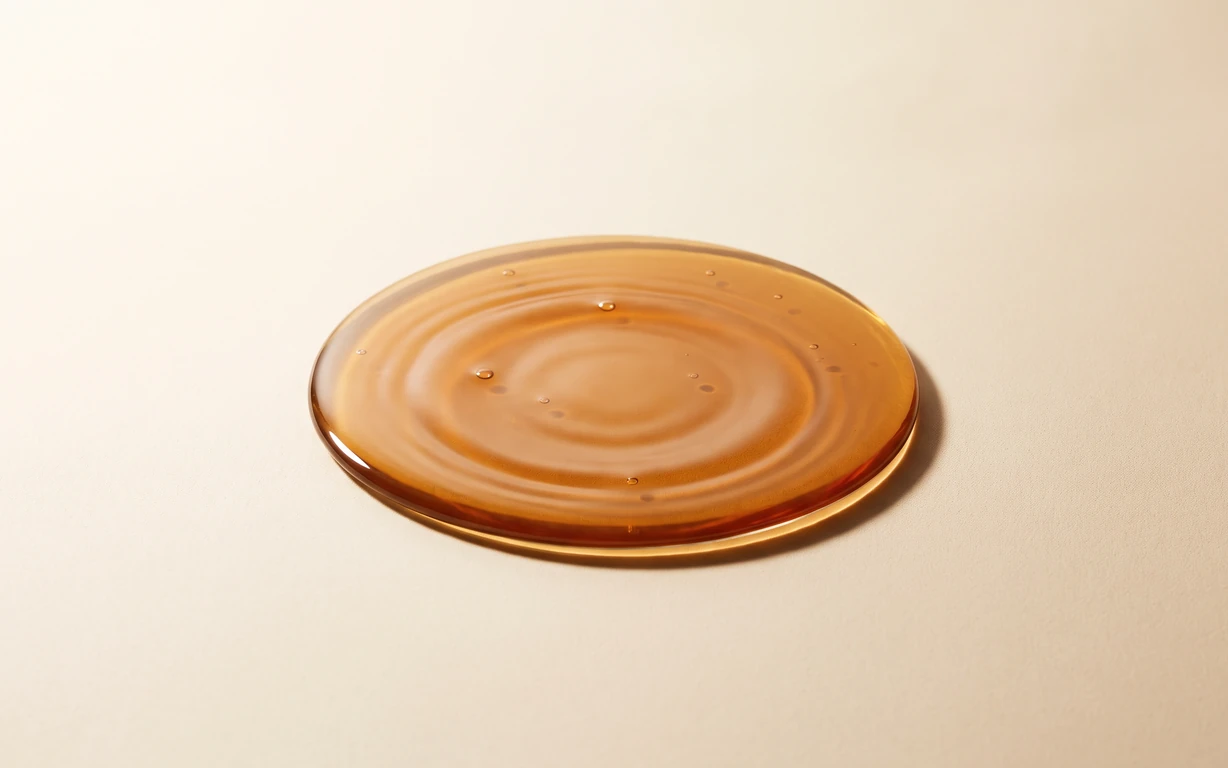 A glossy, translucent amber pool with soft concentric ripples and tiny suspended bubbles, resting on a warm ivory surface.