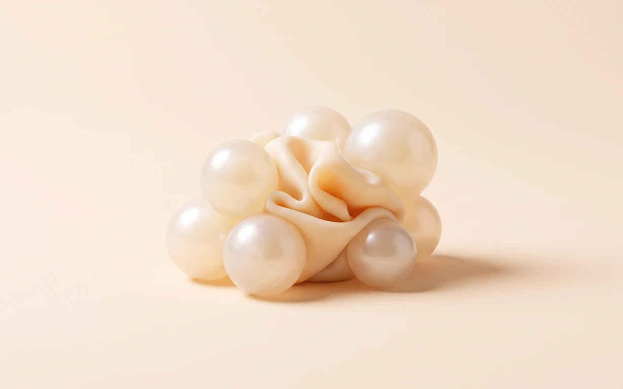 An abstract cluster of translucent pearl-like spheres surrounding soft ivory folds on a warm cream backdrop, lit with gentle studio highlights and a grounding shadow.