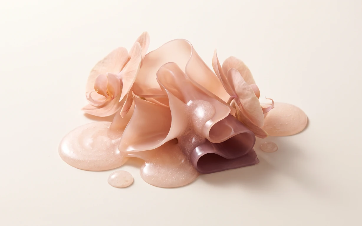Pale peach orchid blossoms arranged around translucent folded forms and glossy droplets on a warm ivory studio surface.