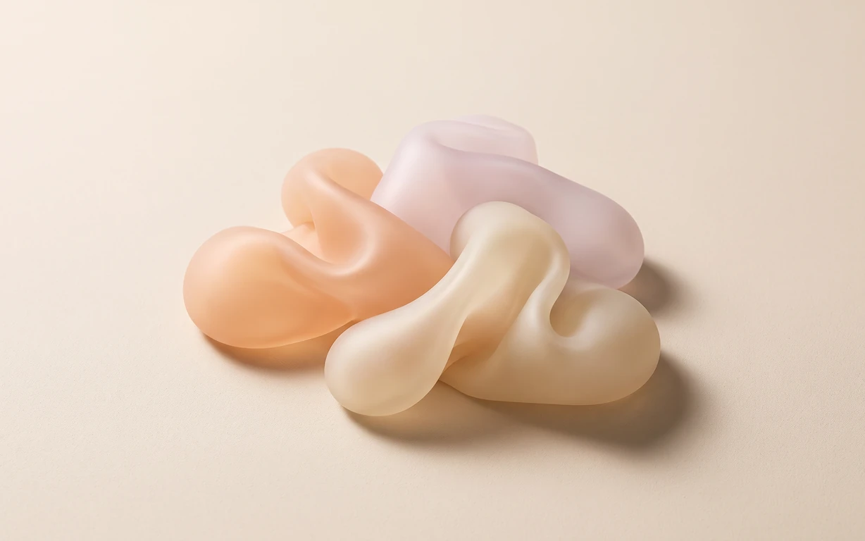 Soft translucent sculptural forms in peach, ivory, beige and blush-lilac arranged on a warm cream surface with gentle studio shadows.