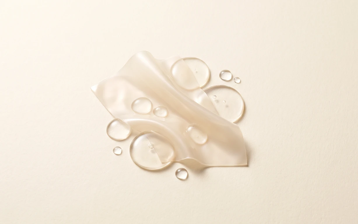A translucent ivory gel film surrounded by clear droplets on a warm cream surface.