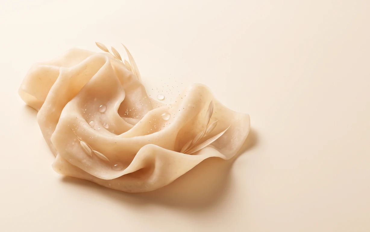 Abstract ivory-beige folded material with scattered clear droplets and delicate translucent accents, arranged on a warm cream studio background with a soft grounding shadow.