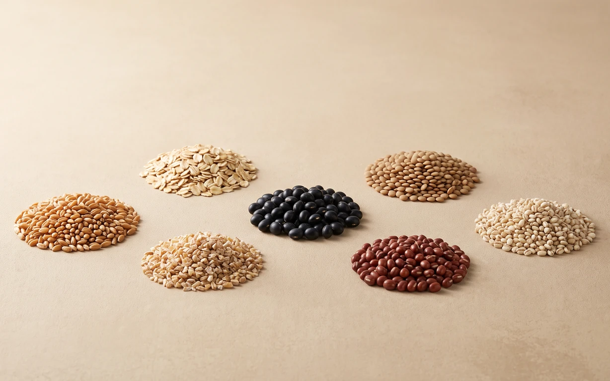 Seven small piles of assorted grains and legumes, including rolled oats, golden wheat grains, black beans and reddish-brown beans, arranged on a warm beige studio surface.