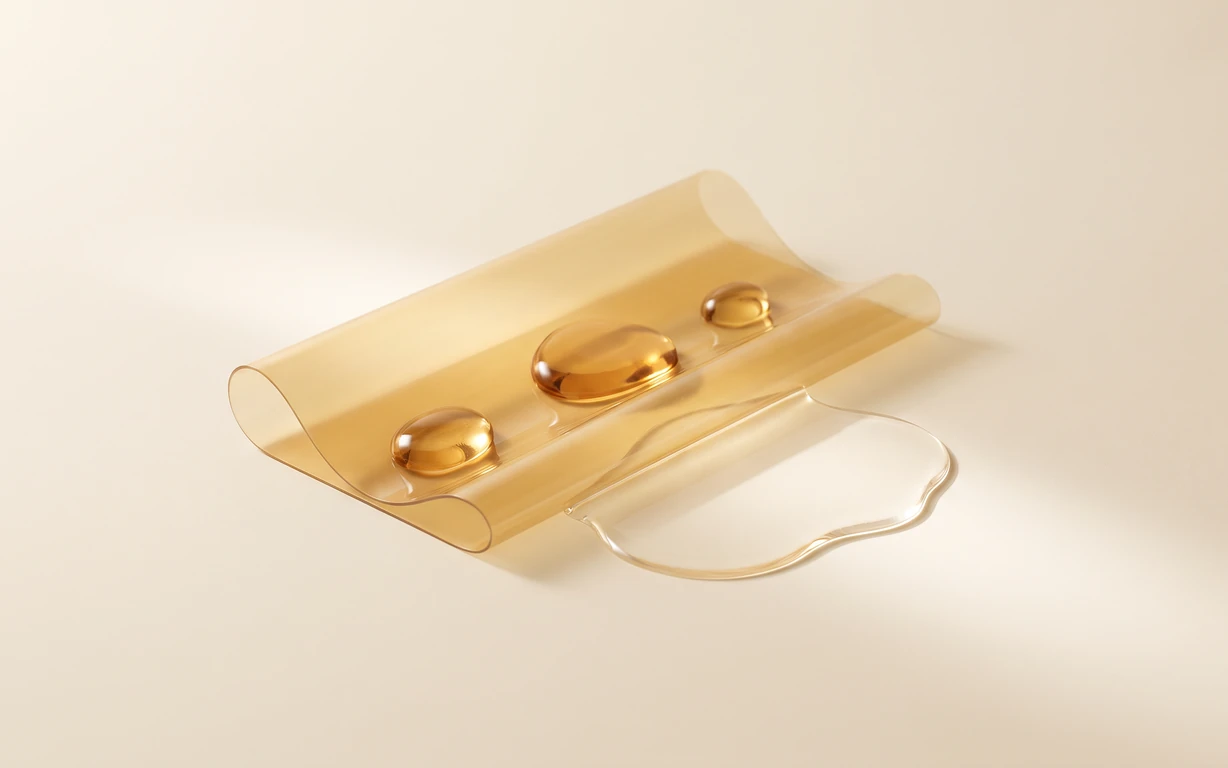 Translucent amber film with three glossy golden droplets and a clear liquid pool on a softly lit ivory surface.
