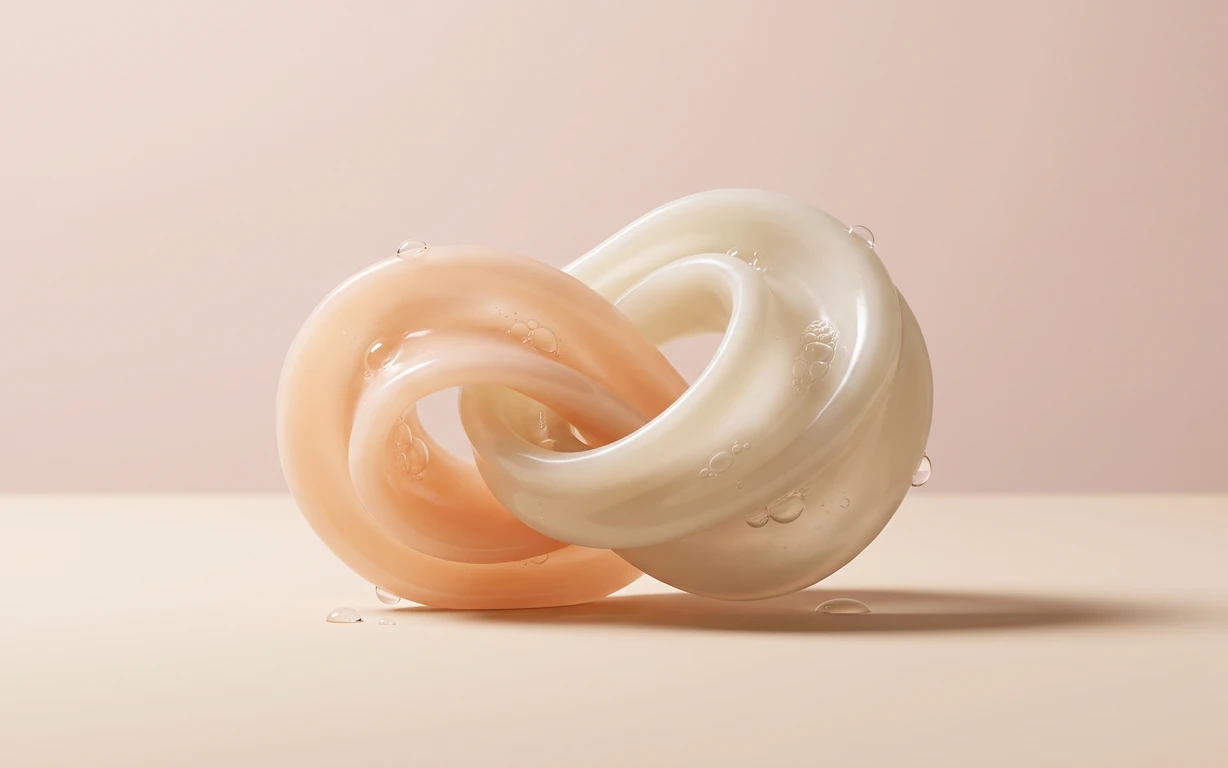Two interlocking, glossy sculptural loops in soft peach and ivory, dotted with clear droplets and tiny bubbles on a warm neutral studio surface.