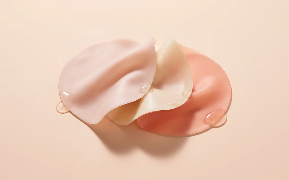 Three overlapping, softly folded translucent forms in blush pink, ivory, and coral, accented by clear droplets on a warm peach seamless surface with gentle studio shadows.