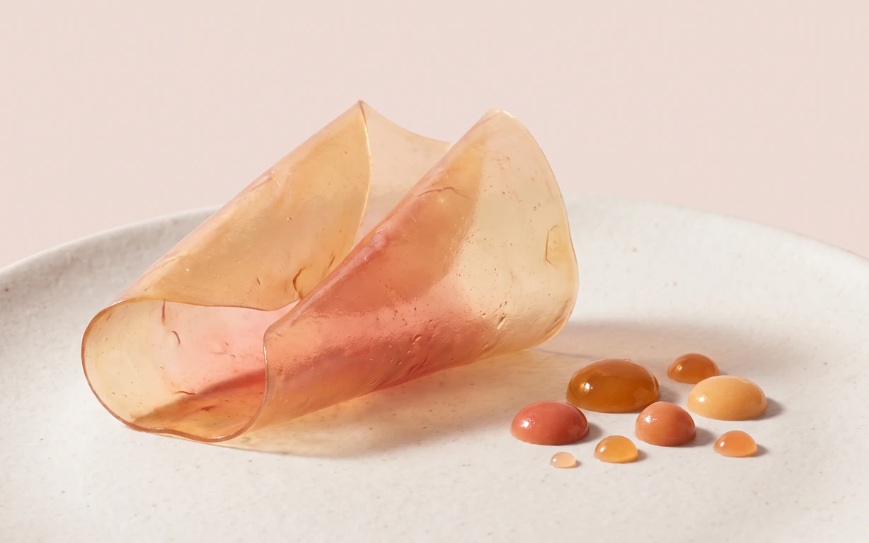 Abstract still life of two folded translucent peach and amber sheets beside glossy coral, ochre and cream droplets on a pale ceramic surface against a blush backdrop.