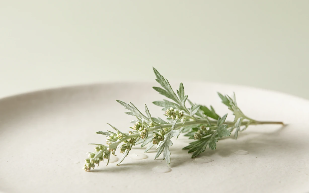 A silvery-green Artemisia sprig with lobed leaves and clustered flower buds rests among clear droplets on a softly lit ivory surface against a pale sage backdrop.