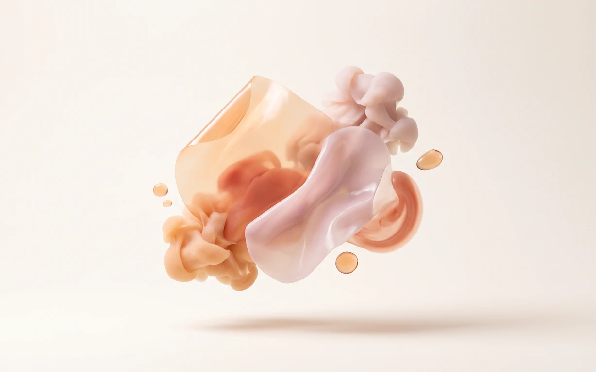 Abstract translucent peach and blush sculptural folds with soft coral forms and suspended droplets, floating above a warm ivory surface with a diffused shadow.