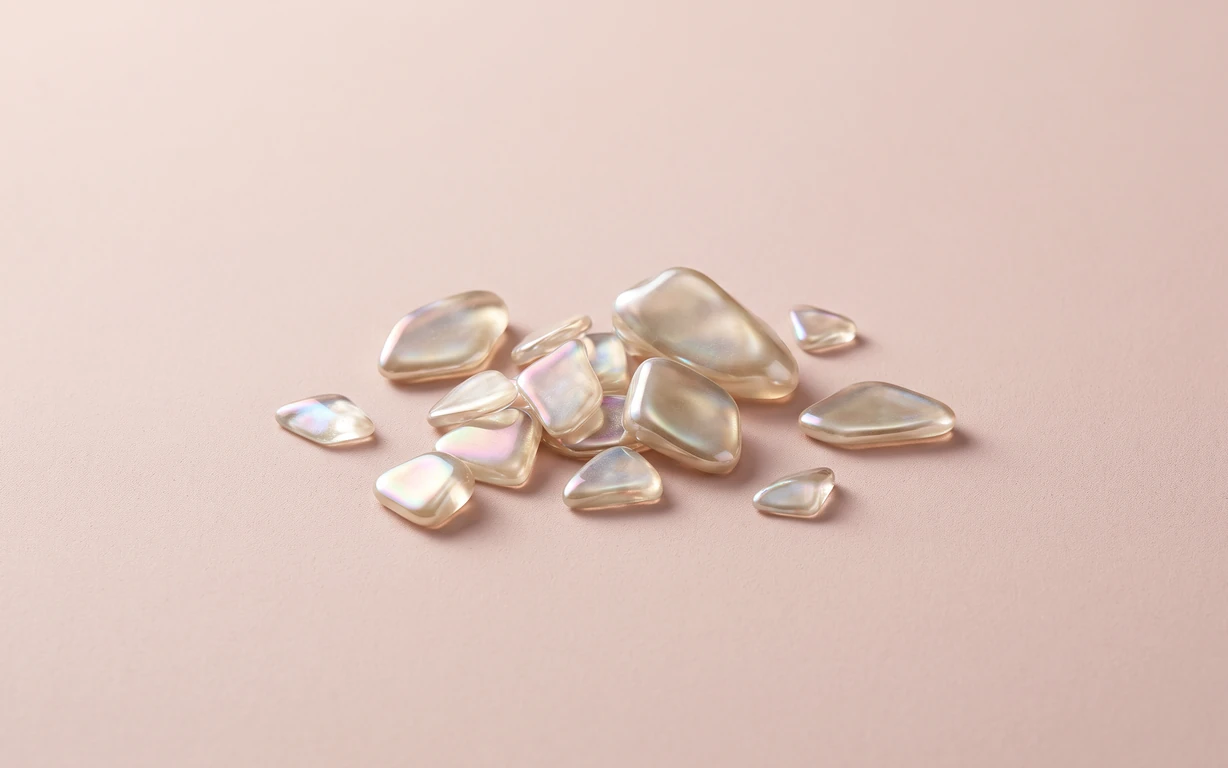 A small arrangement of smooth, translucent iridescent fragments with pearly pink, gold and blue highlights on a softly textured blush surface.